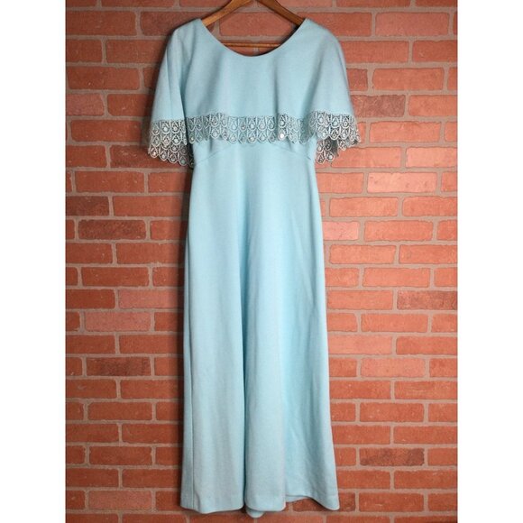 Vintage Miss Rubette Maxi Dress Lace Trim Cape Overlay Blue Size 14 - Picture 1 of 12
